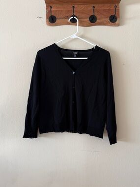 Eileen Fisher Black V Neck Crochet Trim Cardigan Quiet Luxury Minimalist size M